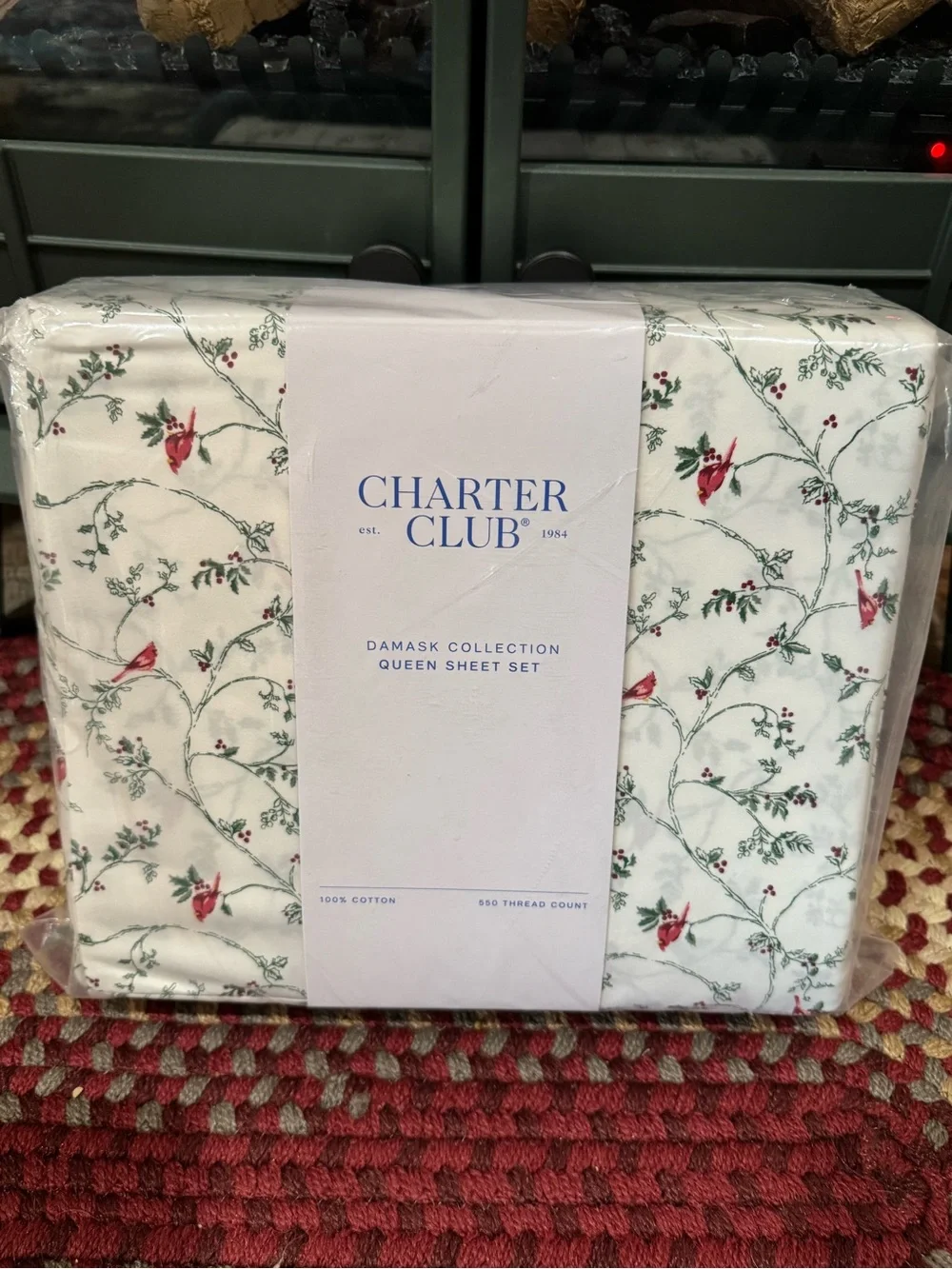Charter Club Green and Red Holly/Cardinal Print Holiday Sheet Set